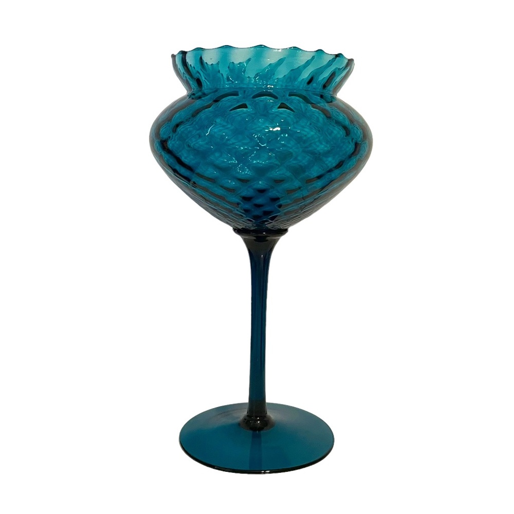 Vintage MCM Empoli Teal Blue Optic Glass Stemmed Fluted Vase Compote Bowl 12"